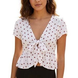 John Galt Cropped Floral Top‎ Size Medium White Red Tie Front Ruffle